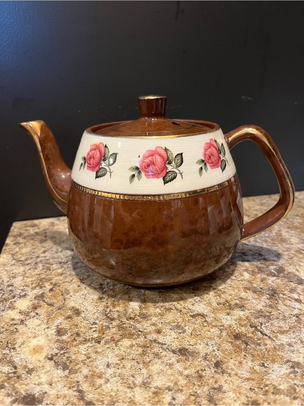 Vintage Arthur Wood Brown Teapot with Pink Rose Band 4.5 Cups